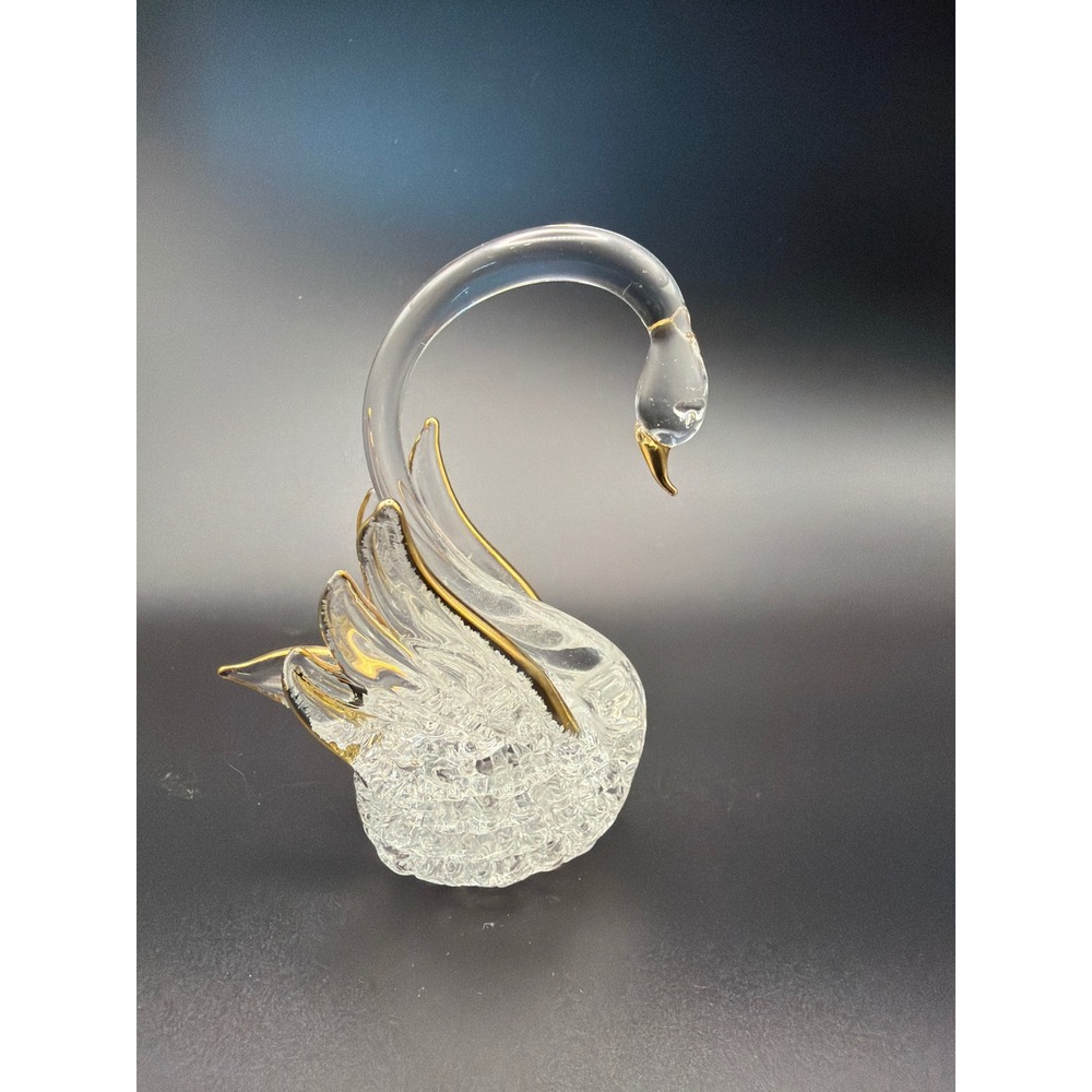 Vintage Clear Art Glass Swan Figurine with Gold Trim Accents Hand Blown Decor